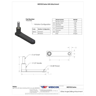 WES930R Pancake Drill Attachment 1/4 Round Shaft Straight 2.29 in Offset - Reversed Rotation Configuration