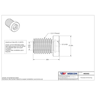 WES5502-SP-3125 Wescon Model 5502 Threaded Drill Bushing - 1/2-13 OD Thread - Size 5/16 (0.3125in)